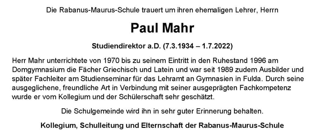 Paul Mahr NACHRUF